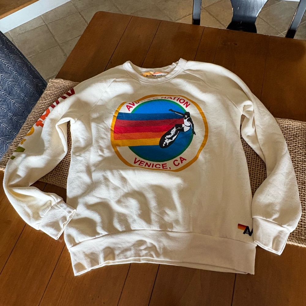 Aviator Nation Cream Crewneck with Multicolor Venice CA Graphic